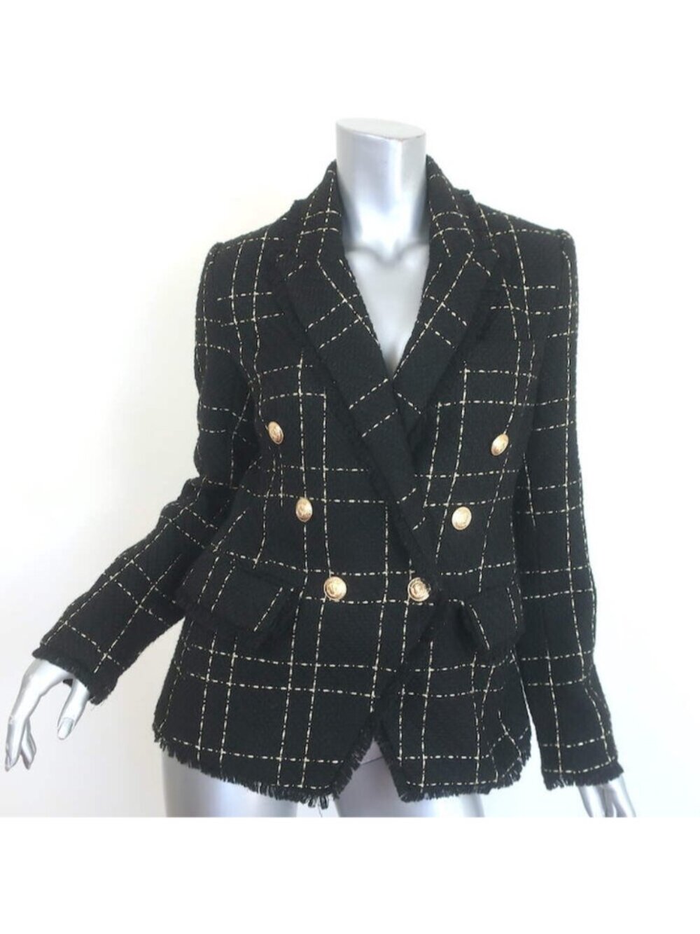 L'Agence Kenzie Fringed Tweed Blazer Black/Gold Size 4 Double Breasted Jacket